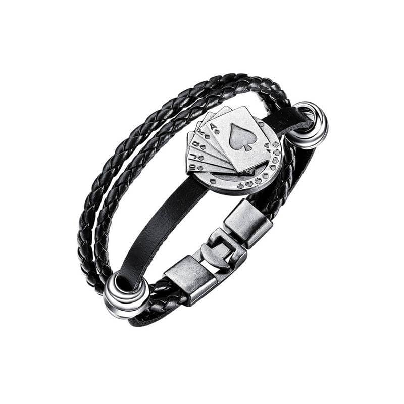Bracelet cuir noir homme style biker avec motif cartes en acier inoxydable