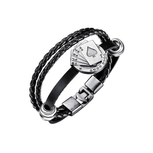Bracelet cuir noir homme style biker avec motif cartes en acier inoxydable