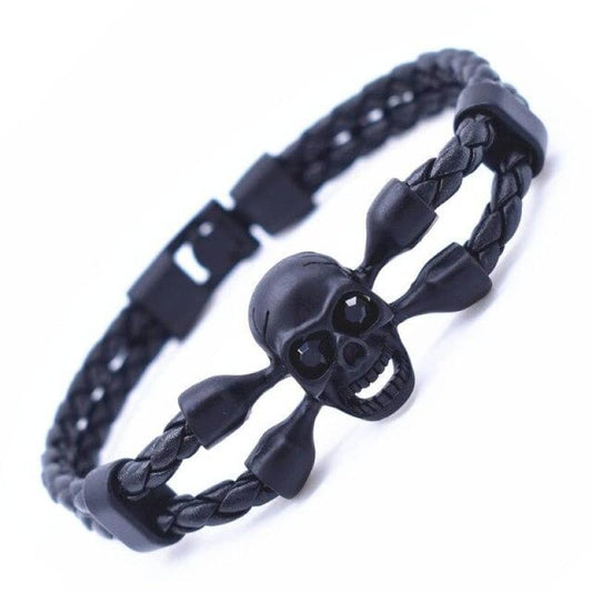Bracelet en cuir noir pour homme avec tête de mort style biker