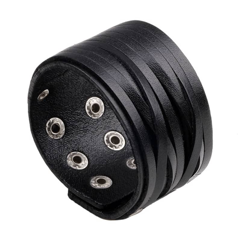 Bracelet en cuir noir style biker avec pressions pour homme et femme