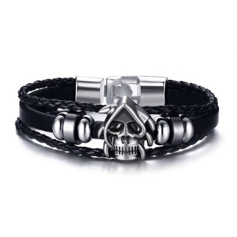 Bracelet en cuir noir avec tête de mort argentée pour homme et femme style biker
