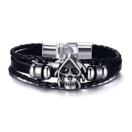 Bracelet en cuir noir avec tête de mort argentée pour homme et femme style biker