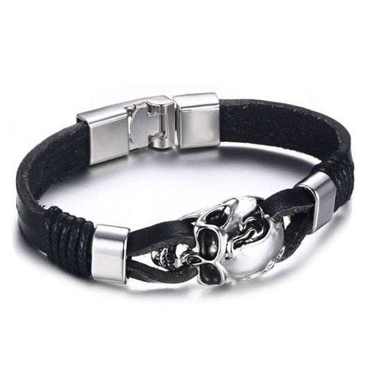 Bracelet gothique en cuir noir pour homme avec tête de mort biker en acier