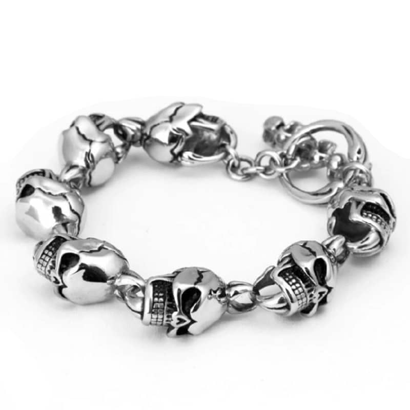 Bracelet Acier Inoxydable Style Gothique/biker Avec Têtes De Morts - Longueur 20 Cm