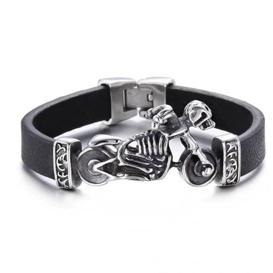 Bracelet gothique pour motard en cuir noir avec squelette sur moto en acier
