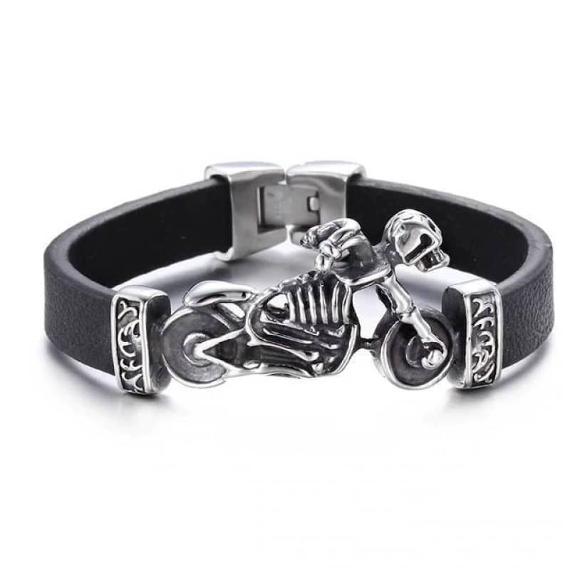 Bracelet gothique pour motard en cuir noir avec squelette sur moto en acier