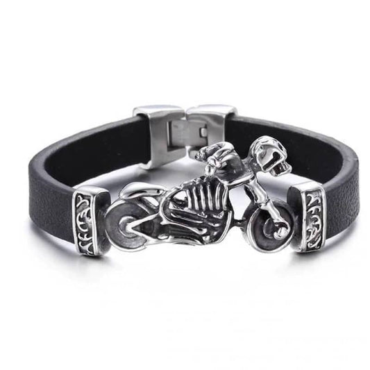 Bracelet gothique pour motard en cuir noir avec squelette sur moto en acier