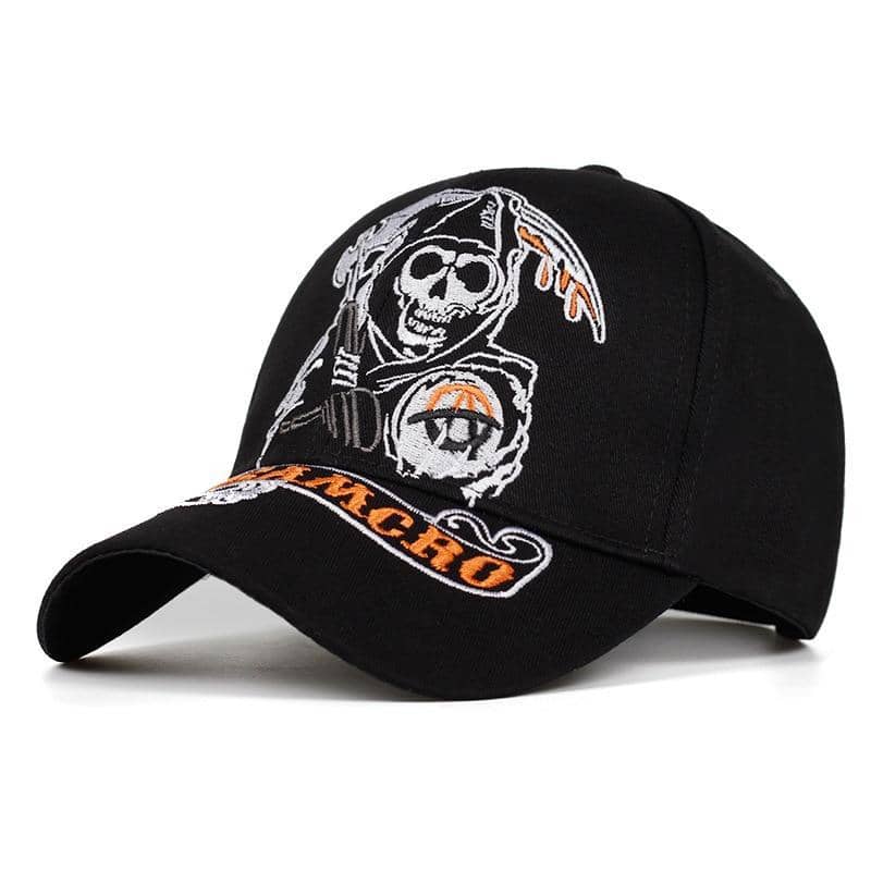 Casquette noire biker Samcro avec tête de mort brodée et faux orange, style motard rebelle