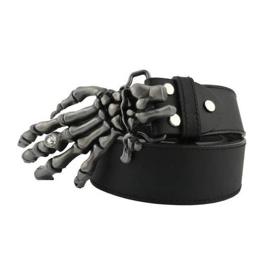 Ceinture gothique unisexe avec boucle main squelette en alliage noir et sangle en cuir noir ajustable