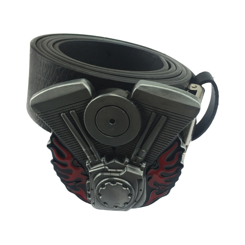 Ceinture biker homme en cuir noir avec boucle moteur V-Twin et flammes rouges