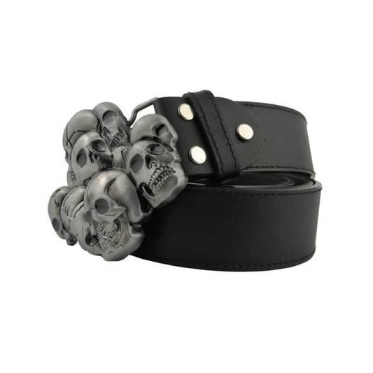 Ceinture biker pour homme en cuir noir avec boucle tête de mort en métal argenté
