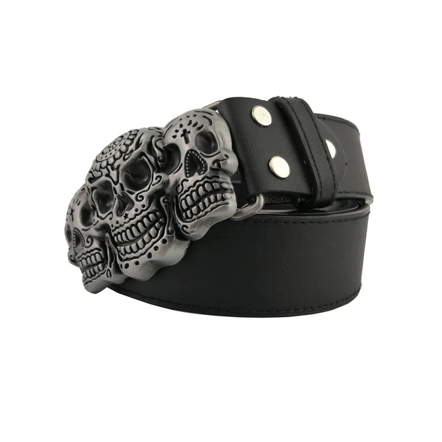 Ceinture en cuir noir pour homme avec boucle tête de mort style biker gothique