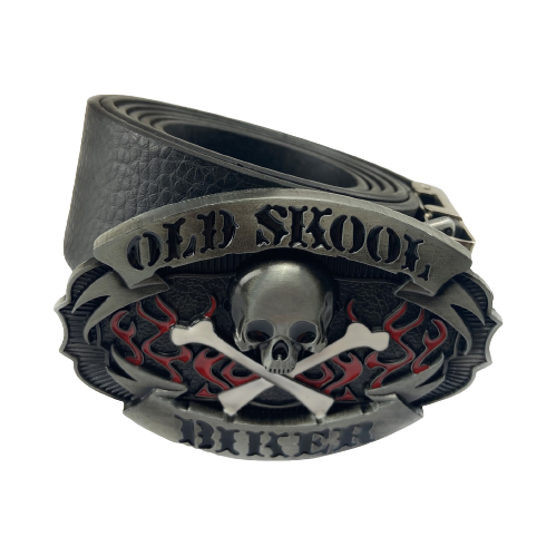 Ceinture de moto en cuir avec boucle tête de mort Old Skool Biker, flammes rouges et os croisés