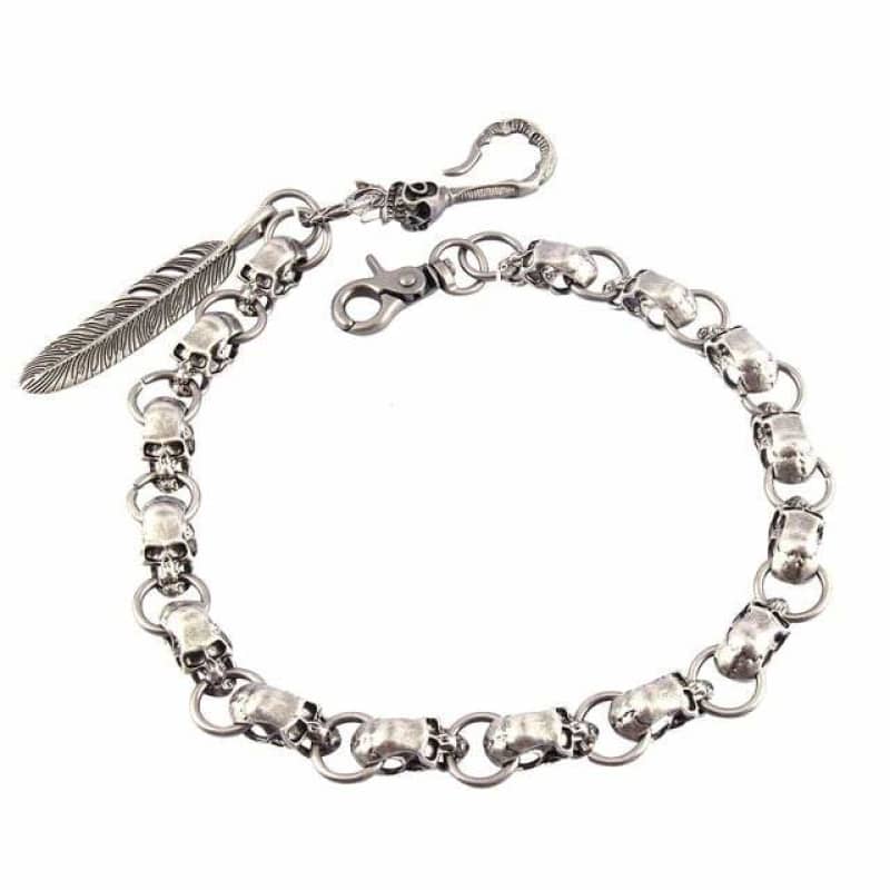 Chaîne de pantalon tête de mort en acier inoxydable 316L avec pendentif plume et fermoir crâne biker