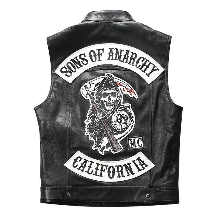 Débardeur homme en cuir rouge et denim : style motard matelassé - France Débardeur homme en cuir rouge et denim : style motard matelassé - France