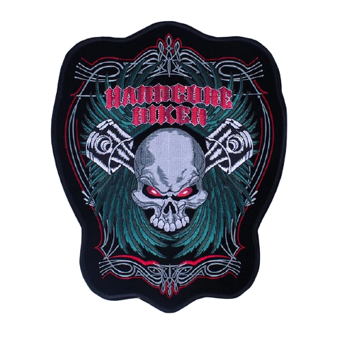 Patch biker dorsal brodé 3D avec crâne et pistons à coudre sur veste ou gilet motard
