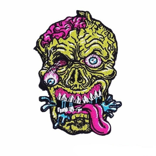 Patch brodé biker tête de mort décomposée en relief 3D, à coudre sur veste ou accessoire moto