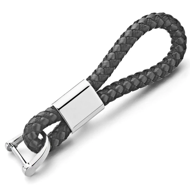 Porte-clé en cuir tressé noir avec fermoir en acier inoxydable pour motard