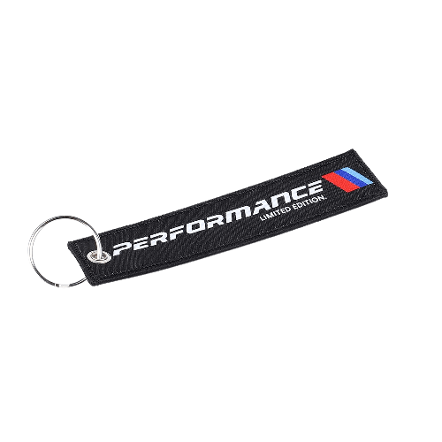 porte-clé moto BMW en tissu noir avec logo performance édition limitée