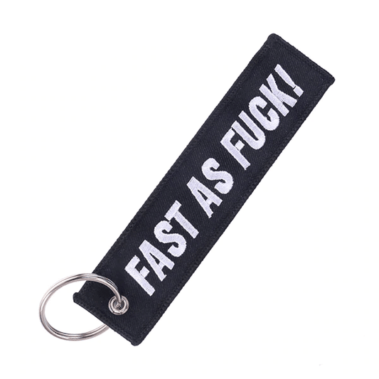 porte-clé moto pas cher en tissu noir avec message fast as fuck style biker
