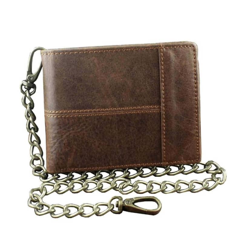Portefeuille en cuir marron avec chaîne style biker vintage pour homme motard