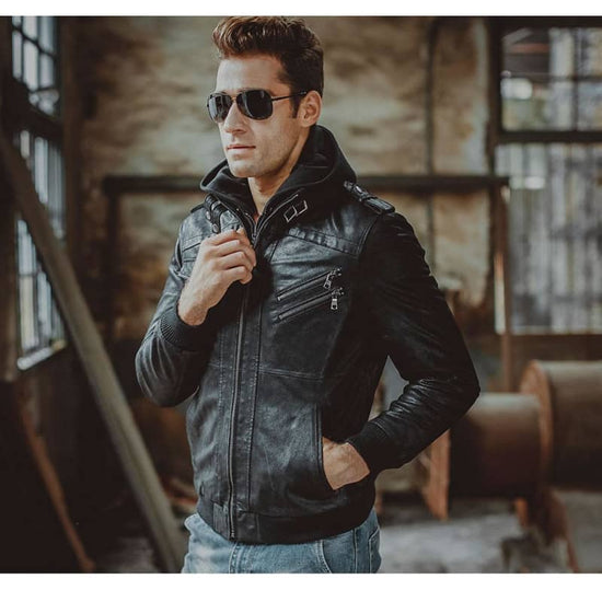 Blouson biker En cuir à Capuche pour Homme