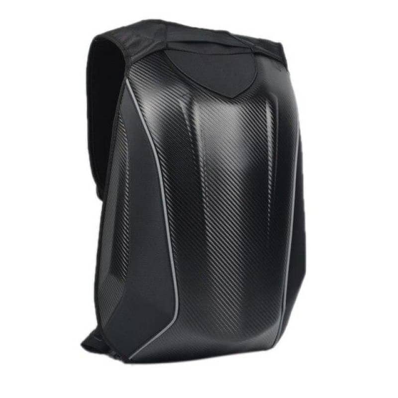 sac à dos moto rigide noir finition carbone, style minimaliste et aérodynamique