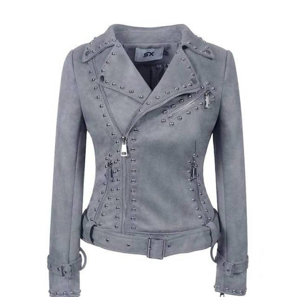 Veste Simili Cuir Gris Style Moto - Taille M, Occasion Très Bon état, Fermeture éclair & Ceinture !